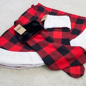 Set of 3 53" Round Buffalo Plaid Faux Fur Trim Tree Skirt & Stockings